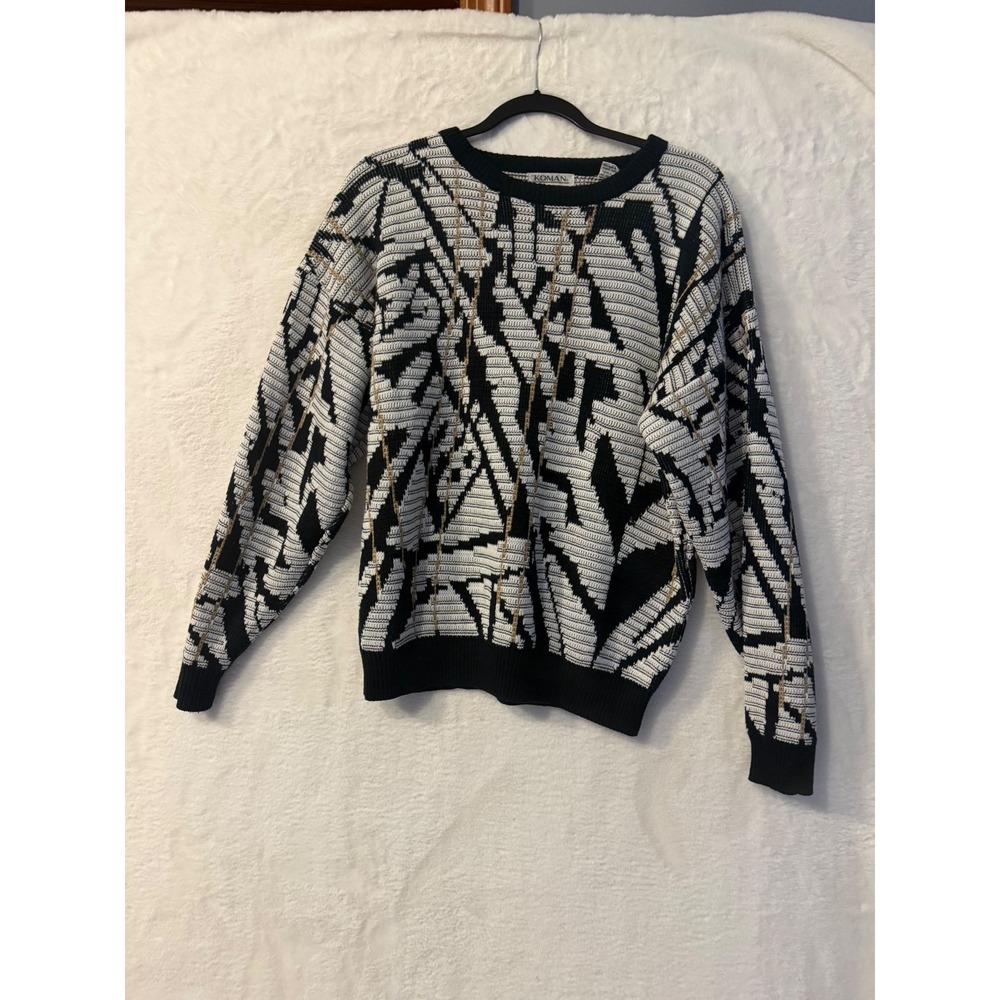 Koman Vintage Mens Large Abstract Geometric Knit Sweater Black White‎ Crewneck